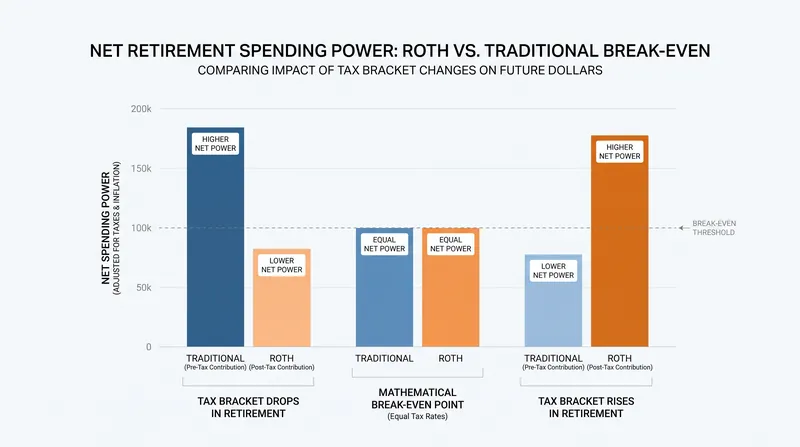 A worker's expected tax bracket in retirement is the primary mathematical driver in choosing between account types.