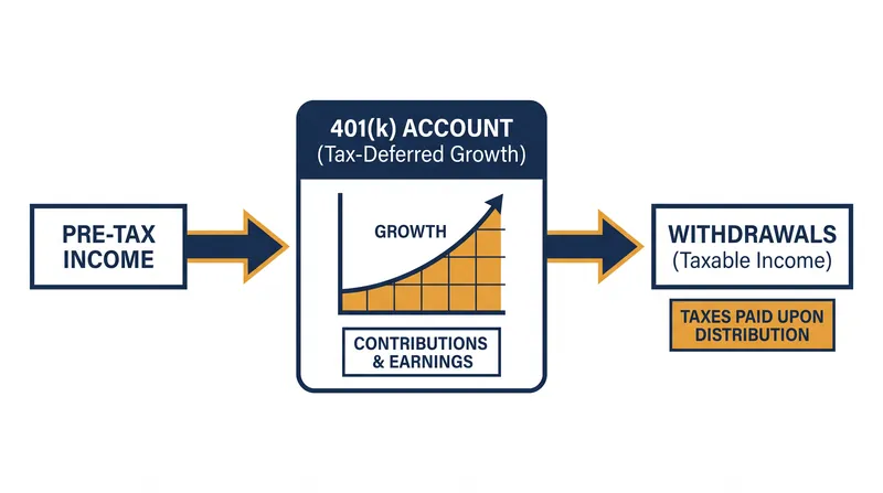 Traditional 401(k) contributions lower current taxable income, but all withdrawals are taxed as ordinary income.