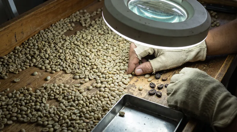 Before roasting, green coffee beans undergo a rigorous physical inspection to identify and remove primary and secondary defects.