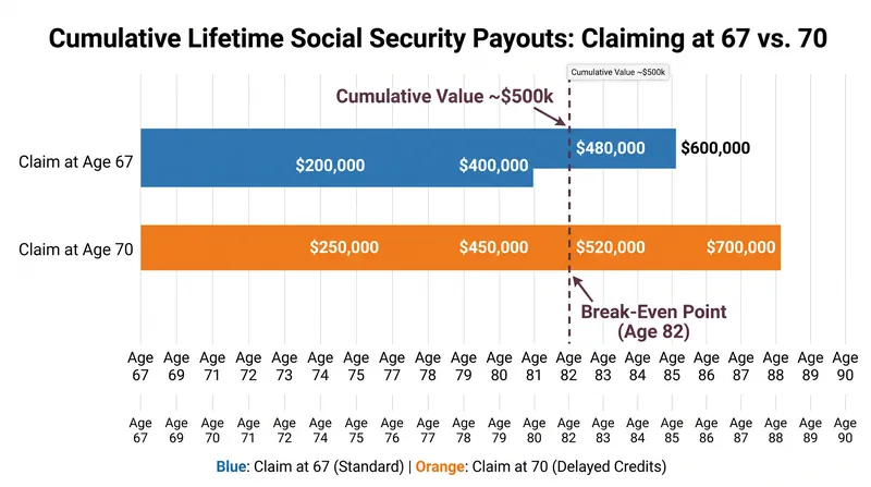 The break-even point for delaying benefits typically occurs between ages 80 and 82.