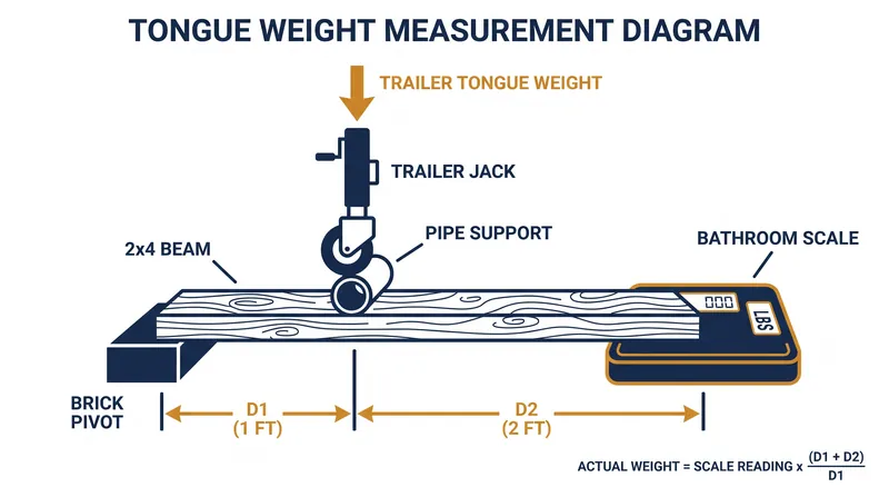 For smaller trailers, a simple lever system using a bathroom scale and a 2x4 can accurately measure tongue weights up to 900 pounds.