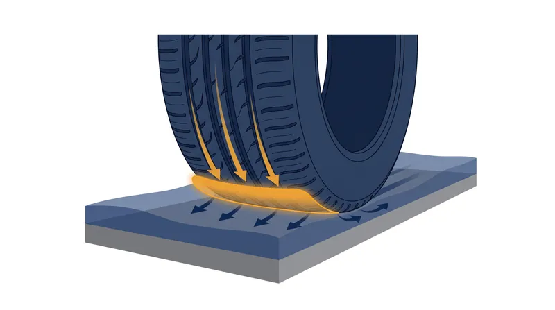 The fluid dynamics of a water wedge forming beneath a tire's contact patch.