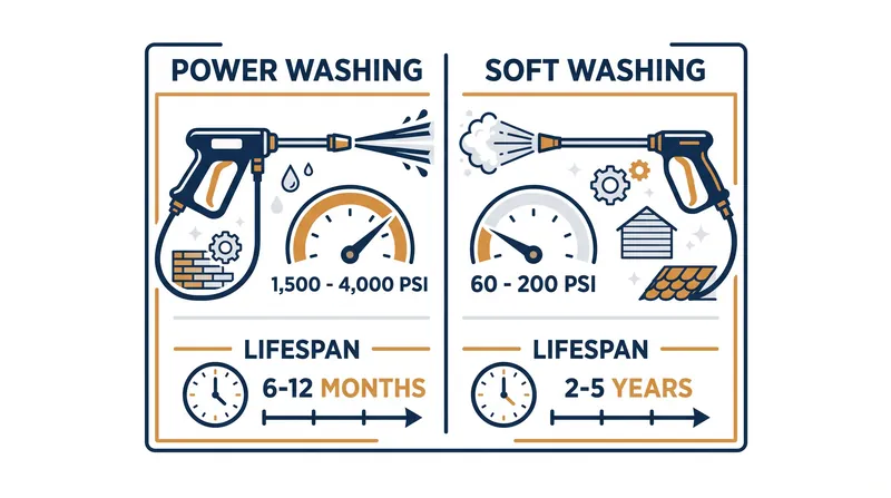 Soft washing substitutes kinetic force for chemical dwell time, drastically reducing the PSI applied to the home.