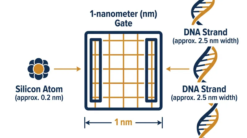 At 1 nanometer, a transistor gate is only a few atoms wide, allowing electrons to tunnel through the barrier.