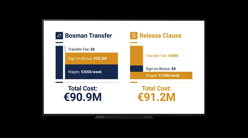 Over a standard four-year contract, the absolute cash outlay for a premium free agent and a €60 million release clause are nearly identical.
