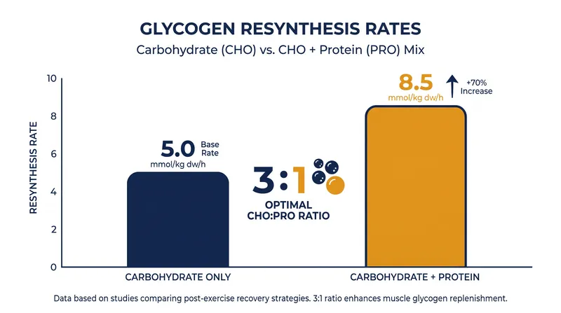 Adding protein to a moderate carbohydrate dose achieves the same glycogen replenishment as a massive carbohydrate-only dose.
