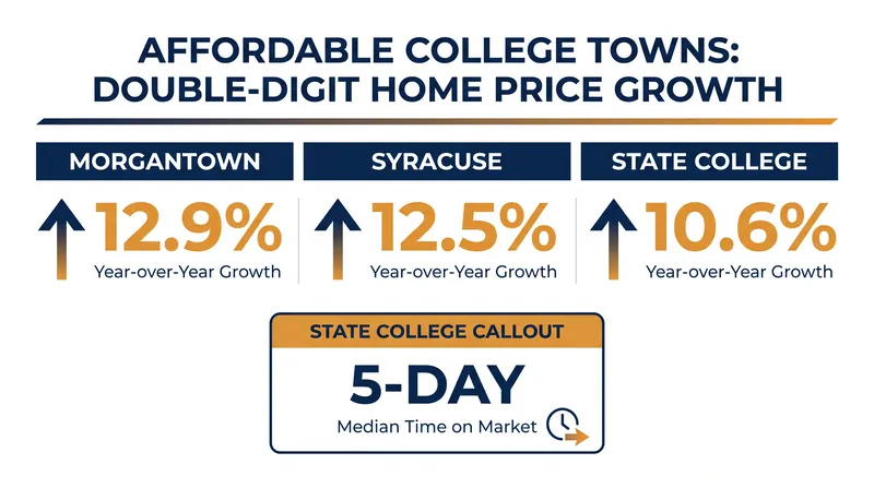 While national home prices grew by just 2 percent, affordable college towns posted double-digit gains.