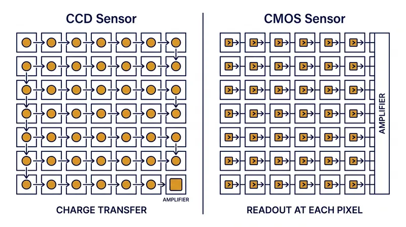 While CMOS sensors amplify light at every pixel for speed, CCD sensors use a single amplifier, resulting in slower processing but highly uniform data.
