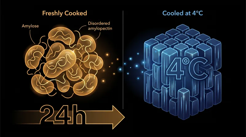As heat leaves the food, straight-chain amylose molecules stack together, forming bonds that digestive enzymes cannot break.