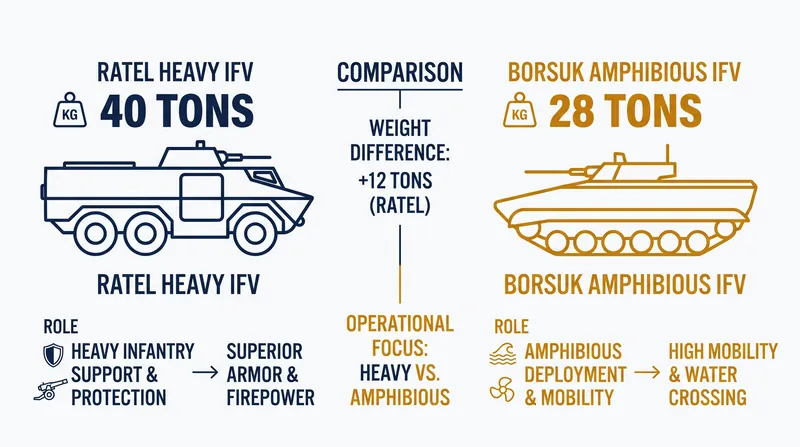 Weight comparison between Poland's amphibious Borsuk and the new heavy Ratel IFV.