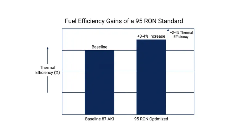 Optimizing engine compression ratios for a 95 RON standard could yield a 3 to 4 percent improvement in fleetwide fuel efficiency.