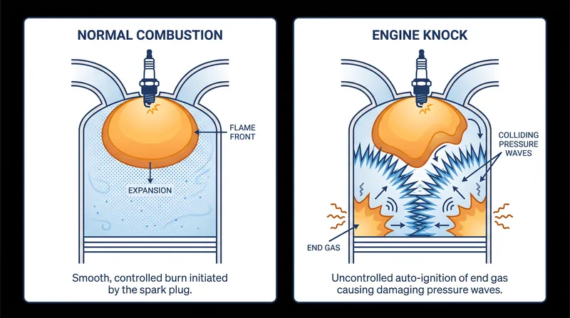 Engine knock occurs when unburned fuel auto-ignites before the primary flame front reaches it, creating destructive pressure waves.