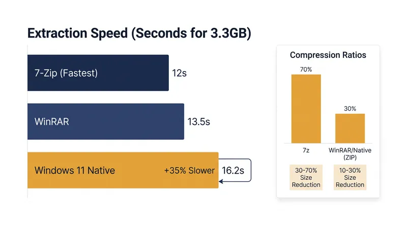 Benchmarks show native Windows 11 extraction lagging behind multithreaded third-party tools by up to 35 percent.