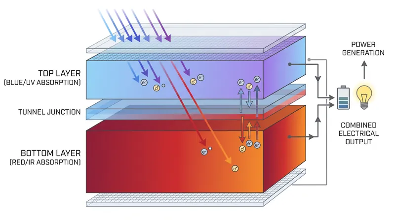 Tandem architectures divide the solar spectrum, allowing high-bandgap materials to absorb high-energy photons without losing the excess as heat.