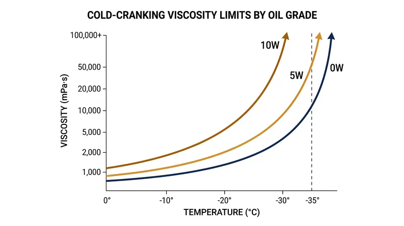 The 'W' grade certifies the oil's ability to remain pumpable at sub-zero temperatures, preventing dry starts.