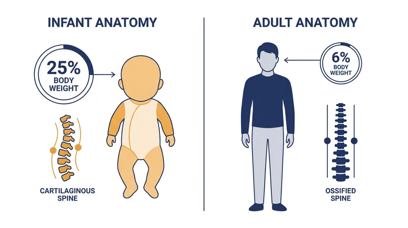 An infant's head accounts for roughly 25% of their total body weight, placing immense strain on a cartilaginous neck during a crash.