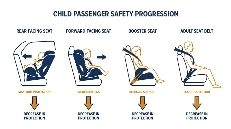 Every step forward in car seat progression represents a decrease in the protective envelope surrounding the child.