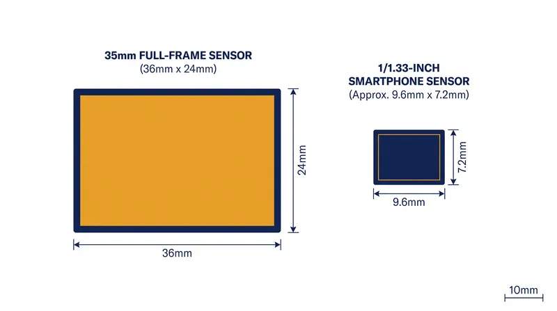 A standard full-frame sensor provides over ten times the surface area of a high-end smartphone sensor.