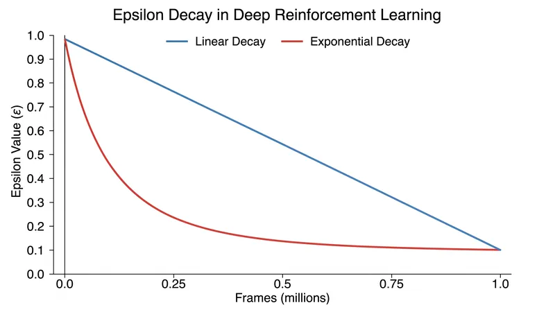 Deep reinforcement learning models often require exponential decay to ensure sufficient early exploration.