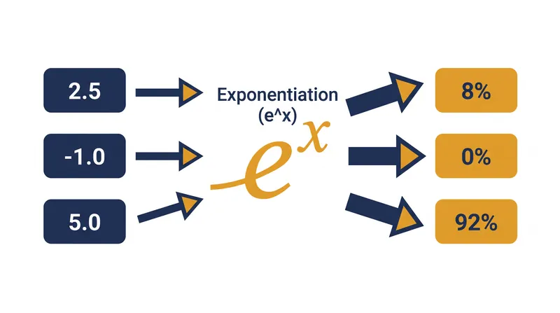 The two-step softmax process: exponentiation to remove negative values, followed by normalization to create a 100% sum.