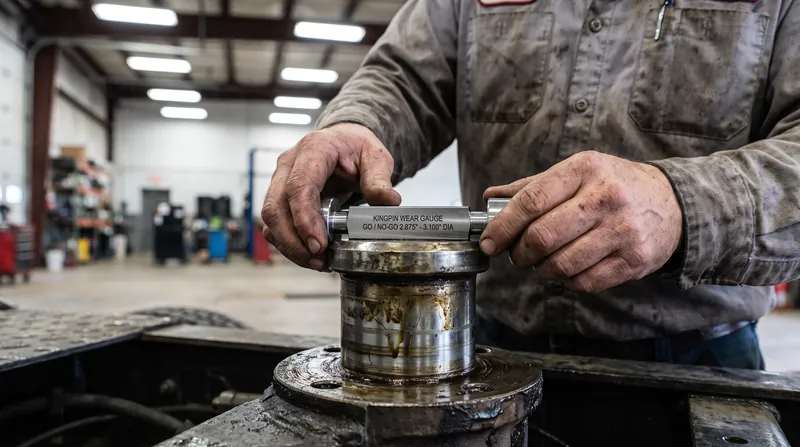 Strict SAE wear limits require the replacement of a kingpin once it loses 1/8-inch of its original diameter.