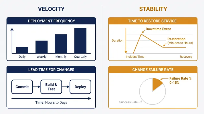 The framework balances the speed of code delivery against the stability of the production environment.