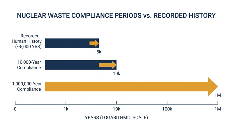 The regulatory compliance period mandated for US nuclear waste extends far beyond recorded human history.
