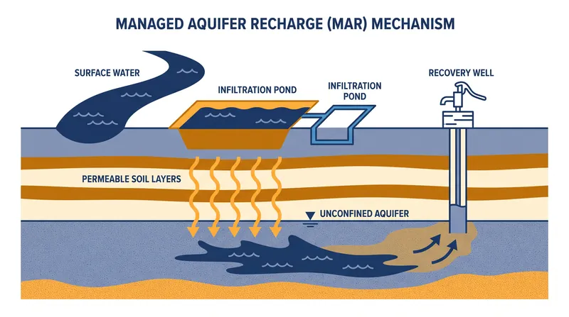 Spreading methods rely on highly permeable surface soils to filter and route water into unconfined aquifers.