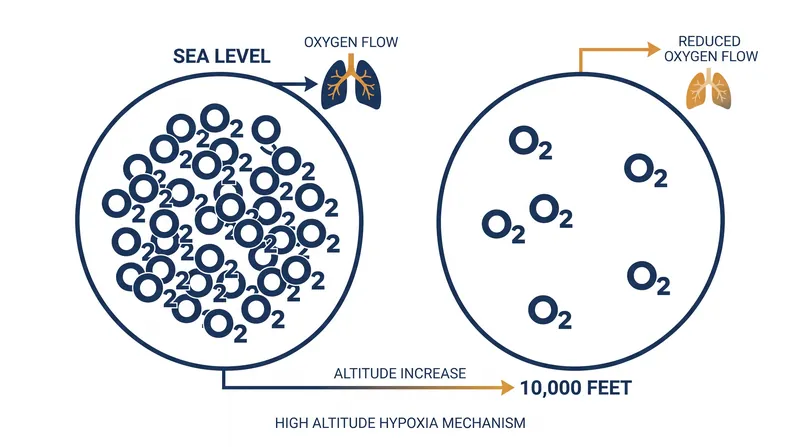 As barometric pressure drops at higher elevations, oxygen molecules spread further apart, leading to hypoxia.