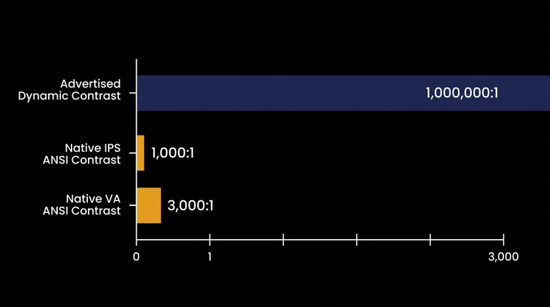 Dynamic contrast claims inflate actual hardware capabilities by orders of magnitude.