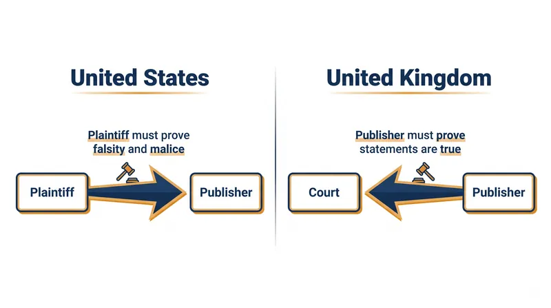 The structural inversion of the burden of proof makes the United States uniquely protective of publishers compared to other democratic nations.
