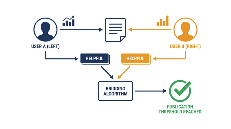 Bridging algorithms require users who historically disagree to both rate a note as helpful before it is published.