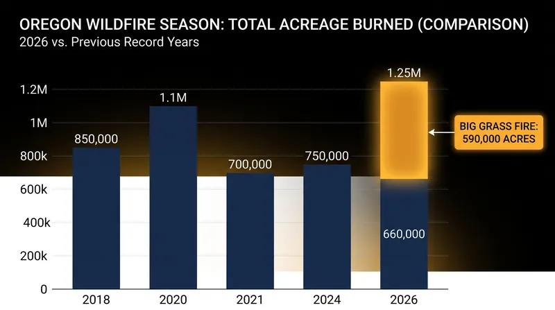 Oregon's 2026 wildfire season has shattered previous records, with the Big Grass Fire accounting for a significant portion of the total acreage.