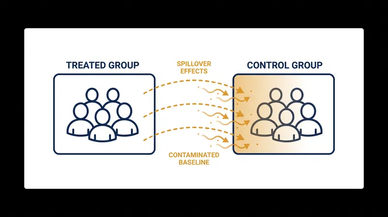 Interference occurs when the treatment applied to one group spills over and alters the behavior of the control group.