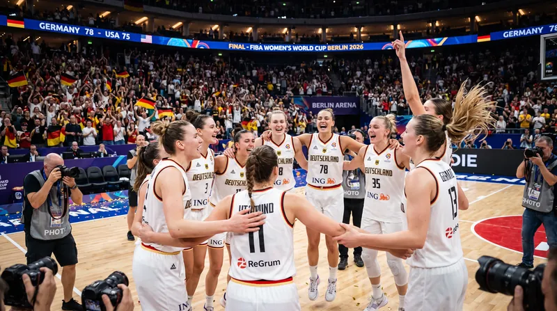Germany's national team celebrates their historic advancement to the FIBA World Cup quarterfinals in front of a home crowd in Berlin.