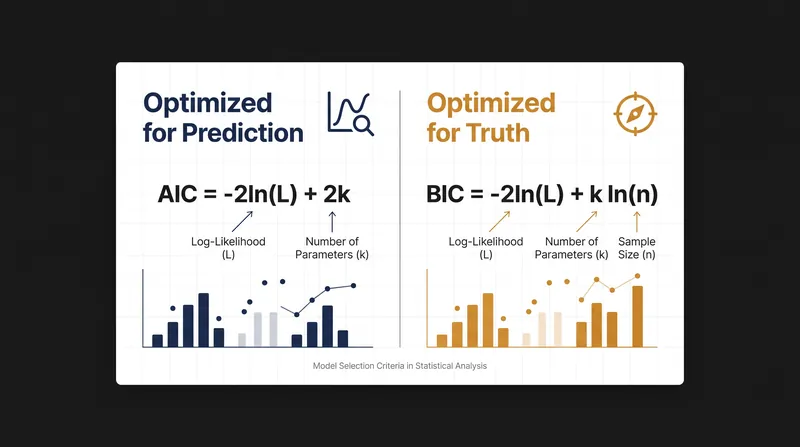 Both criteria share the same log-likelihood foundation but diverge entirely in their complexity penalties.