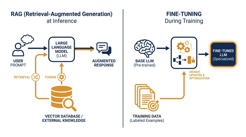 RAG injects knowledge at inference time, while fine-tuning bakes it directly into the model's parameters.