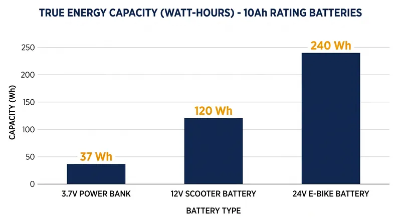 Batteries with identical amp-hour ratings hold vastly different amounts of energy depending on their voltage.