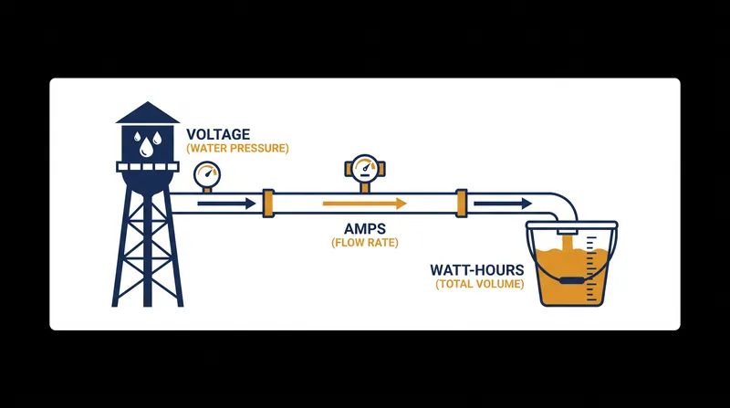 Voltage acts as the pressure pushing the electrical current, while amp-hours measure the flow over time.