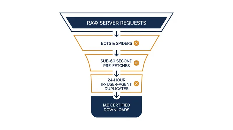 How the IAB v2.1 standard filters raw server traffic into certified downloads.