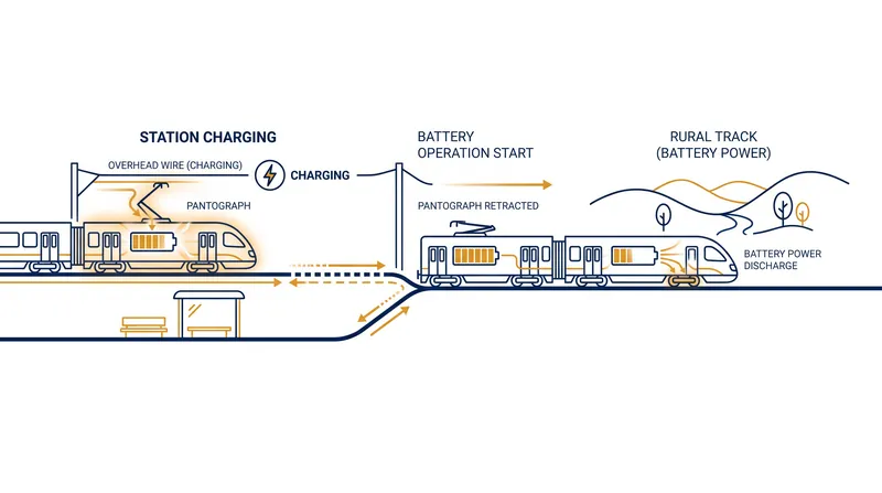 BEMUs charge at electrified hubs and switch to battery power for non-electrified branch lines.