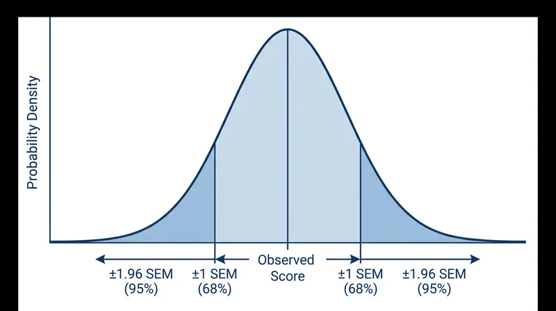 A confidence interval defines the probability that a candidate's true ability falls within a specific range.