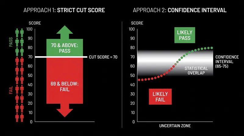 Applying a standard error of measurement to a cut score reveals the psychometric overlap between passing and failing candidates.