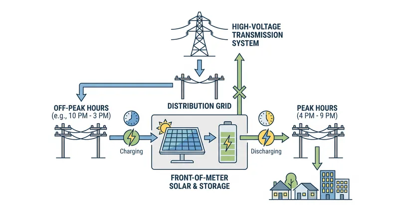 By charging off-peak and discharging locally during evening hours, front-of-meter storage avoids transmission backflow.