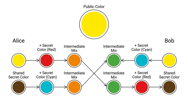 The paint-mixing analogy illustrates how two parties can arrive at a shared secret without exposing their private inputs.
