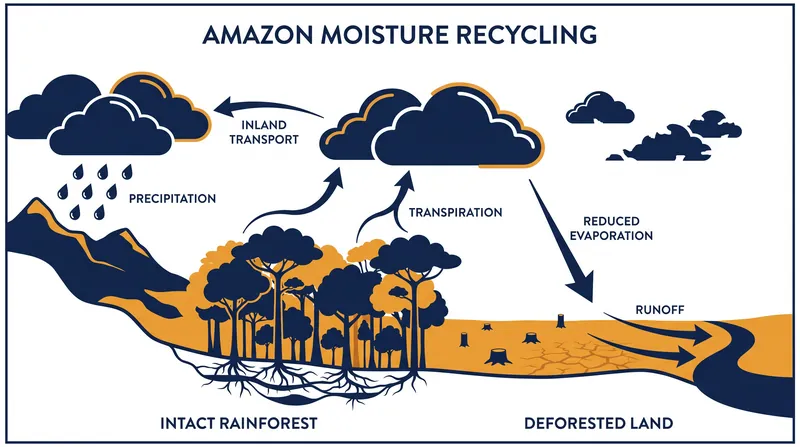 How the Amazon's hydrological engine pumps moisture inland through continuous transpiration.
