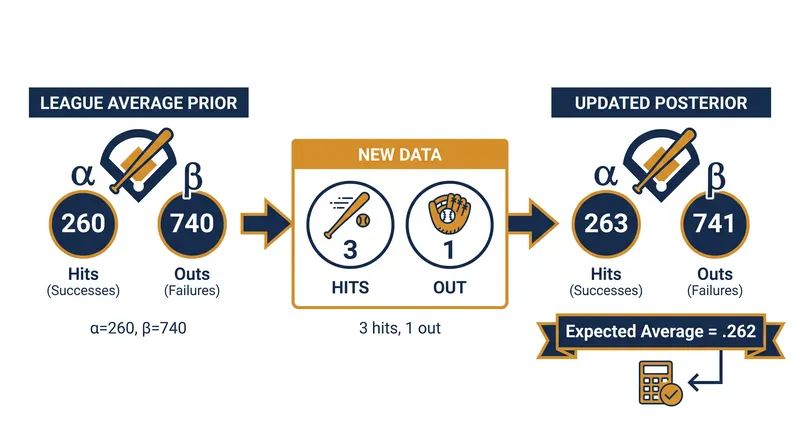 In sports, the conjugate pair prevents a player's early-season hot streak from breaking the projection model.