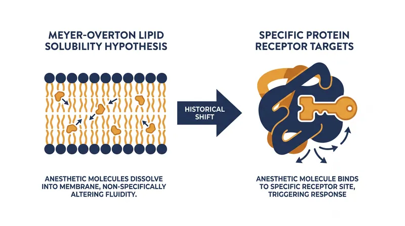 The scientific understanding of anesthesia has shifted from non-specific lipid solubility to precise protein receptor targeting.