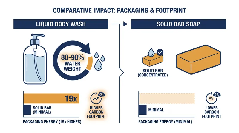 Liquid body washes carry a significantly higher environmental cost due to their water weight and plastic packaging.