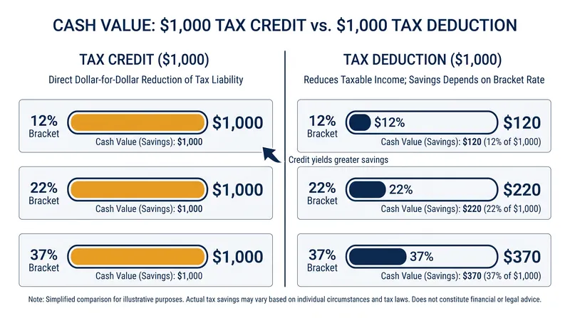 A tax credit retains its full face value, while a deduction's value depends on the filer's marginal tax bracket.